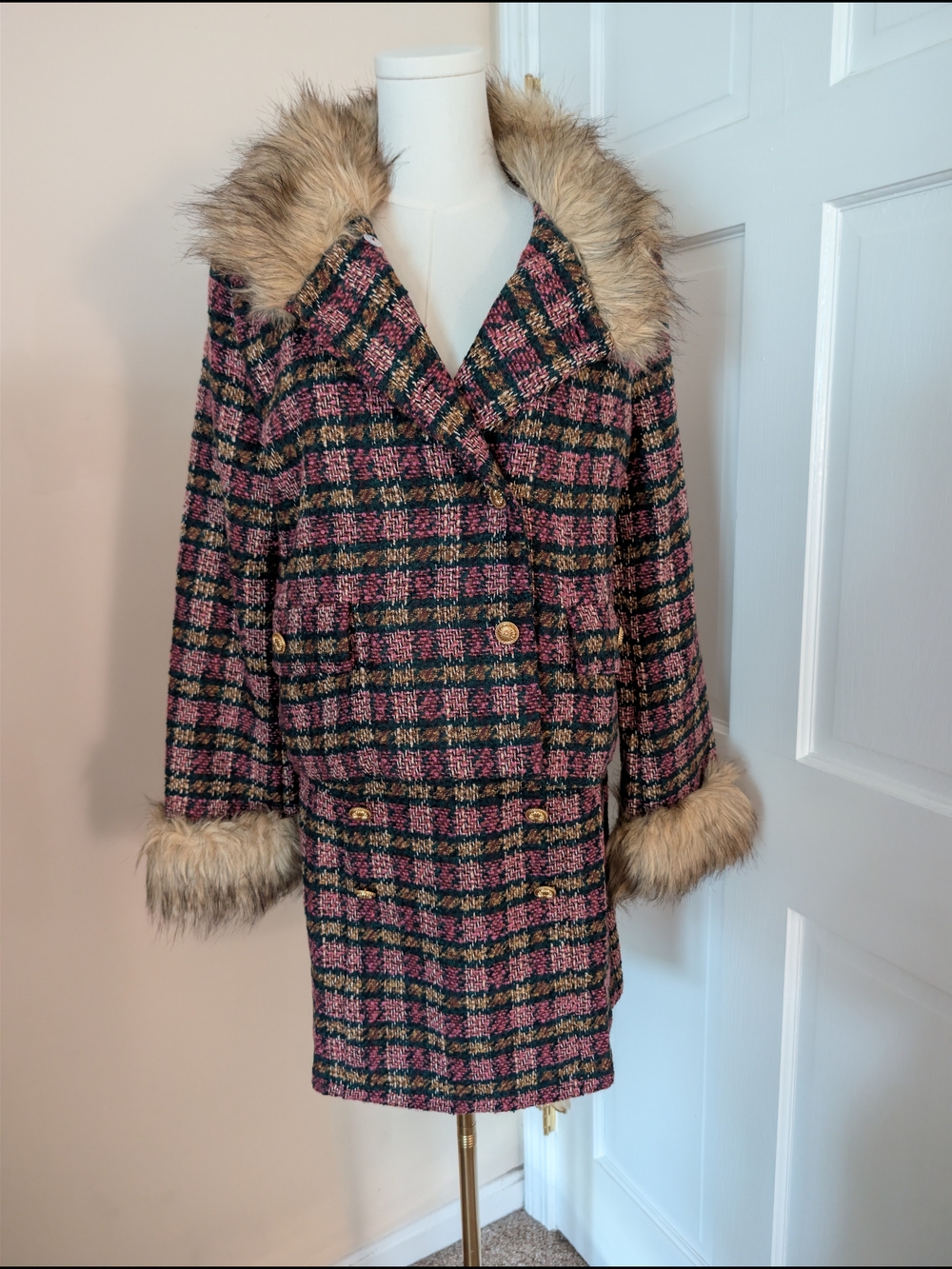 Prosperina Bouvier Faux Fur Tweed Jacket Size Large NWT